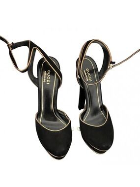 Gucci Black Suede Ankle-Strap Platform Sandals with Gold Trim